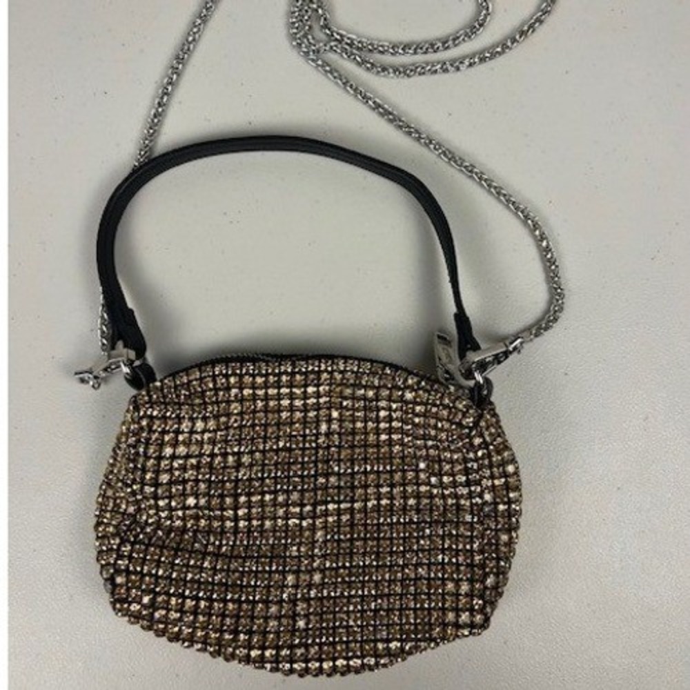 Gold Rhinestone Mesh Mini Crossbody Evening Bag Crystal‎ Top Handle Purse